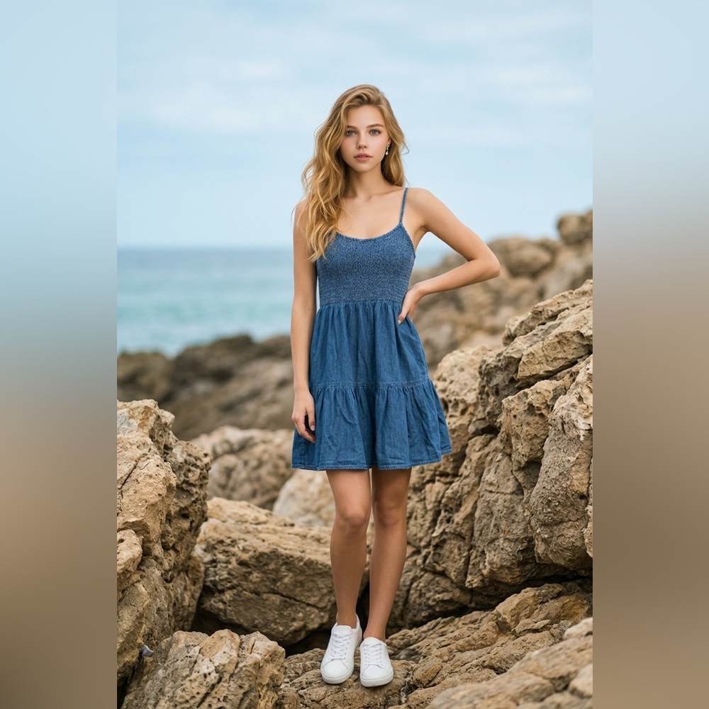 GAP Blue Chambray Sundress with Smocked Top